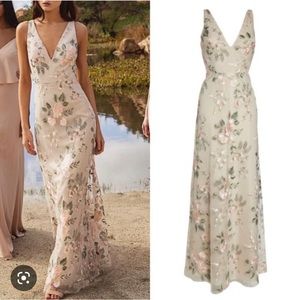 JENNY YOO Tatum Floral Embroidered Tulle Evening Dress In Blush Sand Dune size 6
